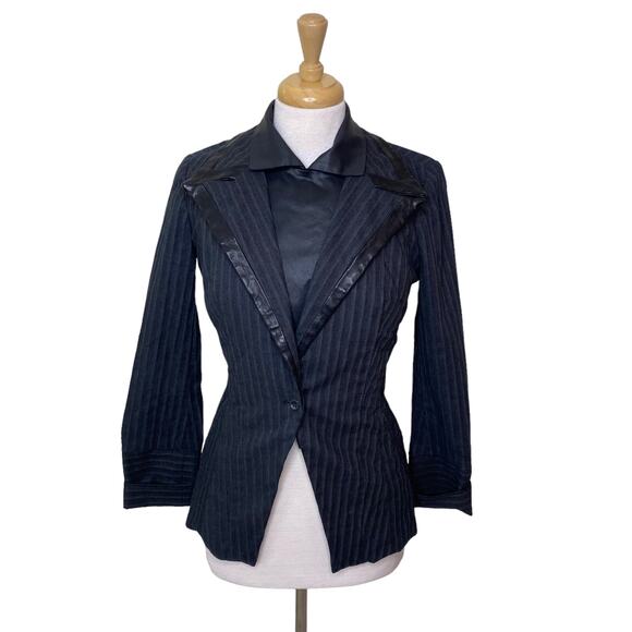 GARY GRAHAM Double Layer Faux Leather Pinstriped Black Gray Blazer Size 4 - Picture 1 of 14